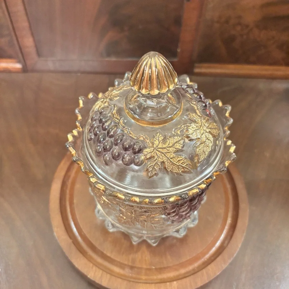 Vintage Mosser Glass Grape Covered Sugar Bowl Purple Grapes Gold Trim Candy Dish
